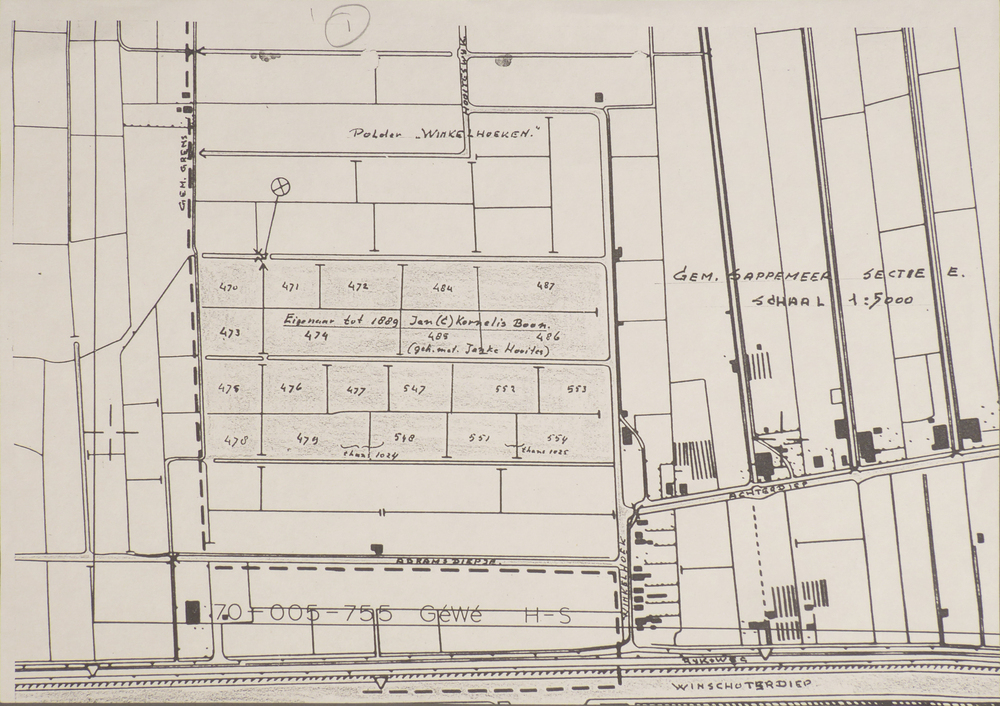 copie van een kadasterkaart met daarop ligging aardappelmeelfabriek van J.K.Boon te Sappemeer, Gemeente Sappemeer, sectie E schaal 1 a 5000